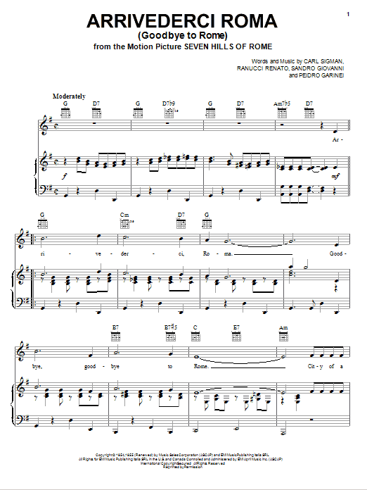 Mario Lanza Arrivederci Roma (Goodbye To Rome) Sheet Music