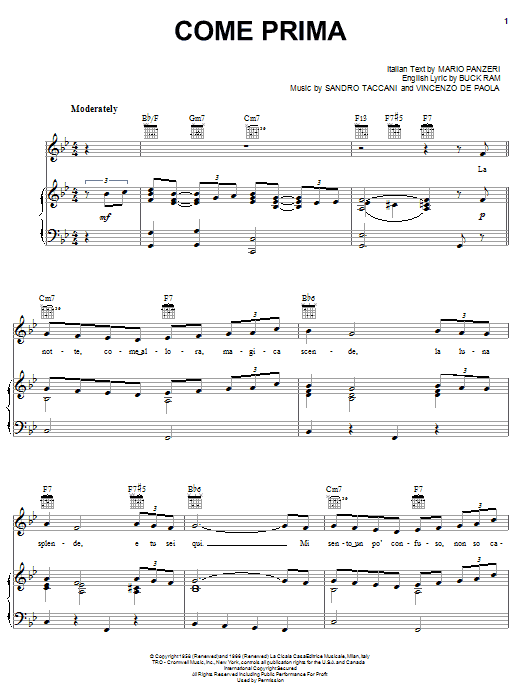 Mario Lanza Come Prima Sheet Music