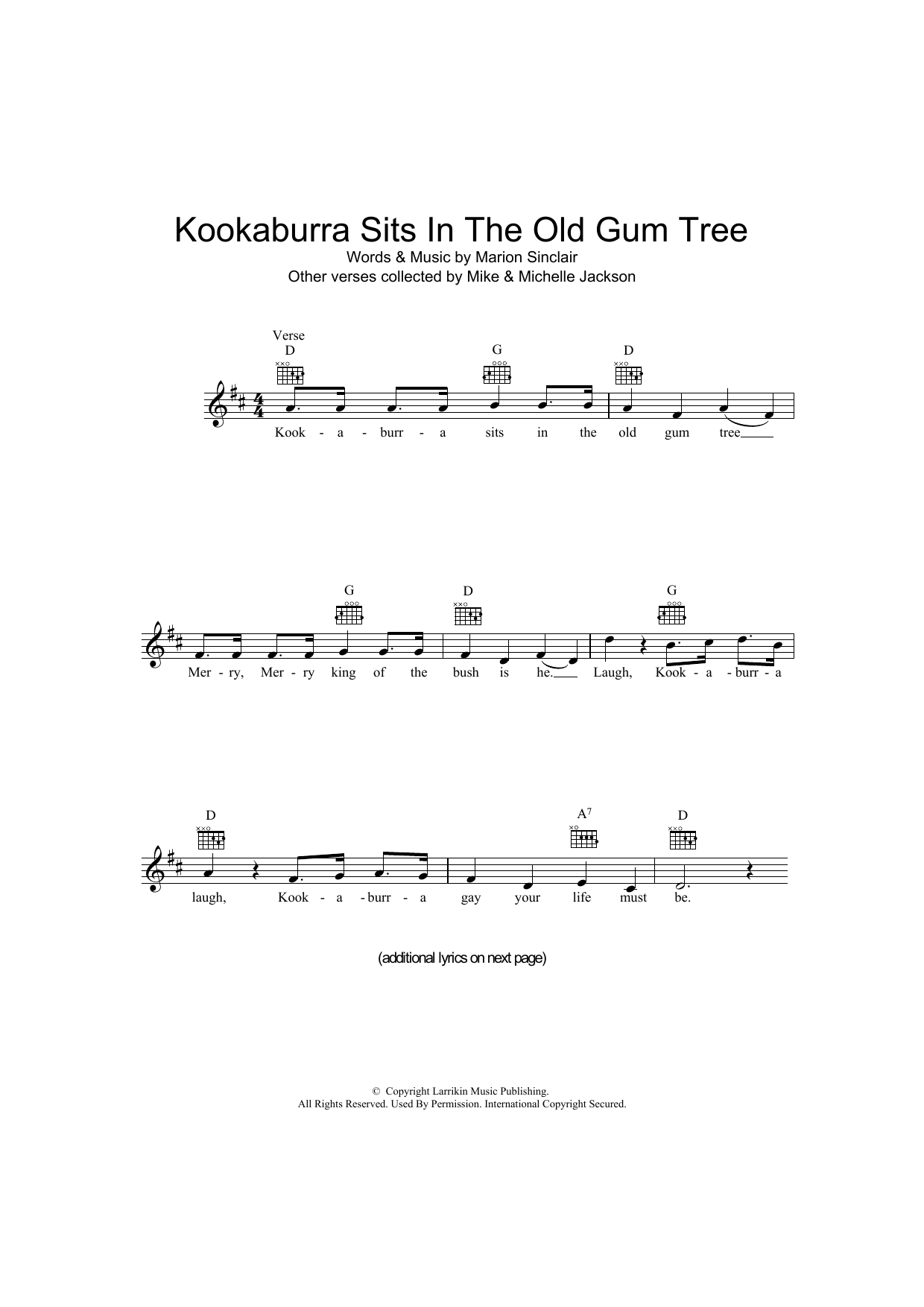 Marion Sinclair Kookaburra Sits In The Old Gum Tree Sheet Music