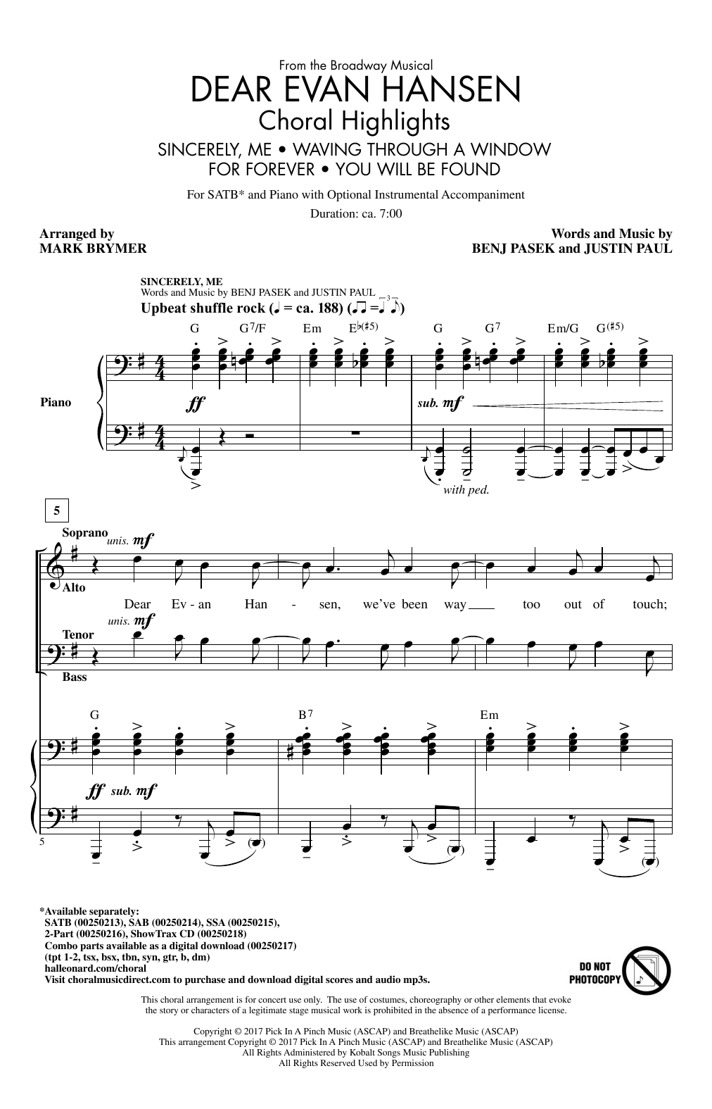 Mark Brymer Dear Evan Hansen (Choral Highlights) Sheet Music