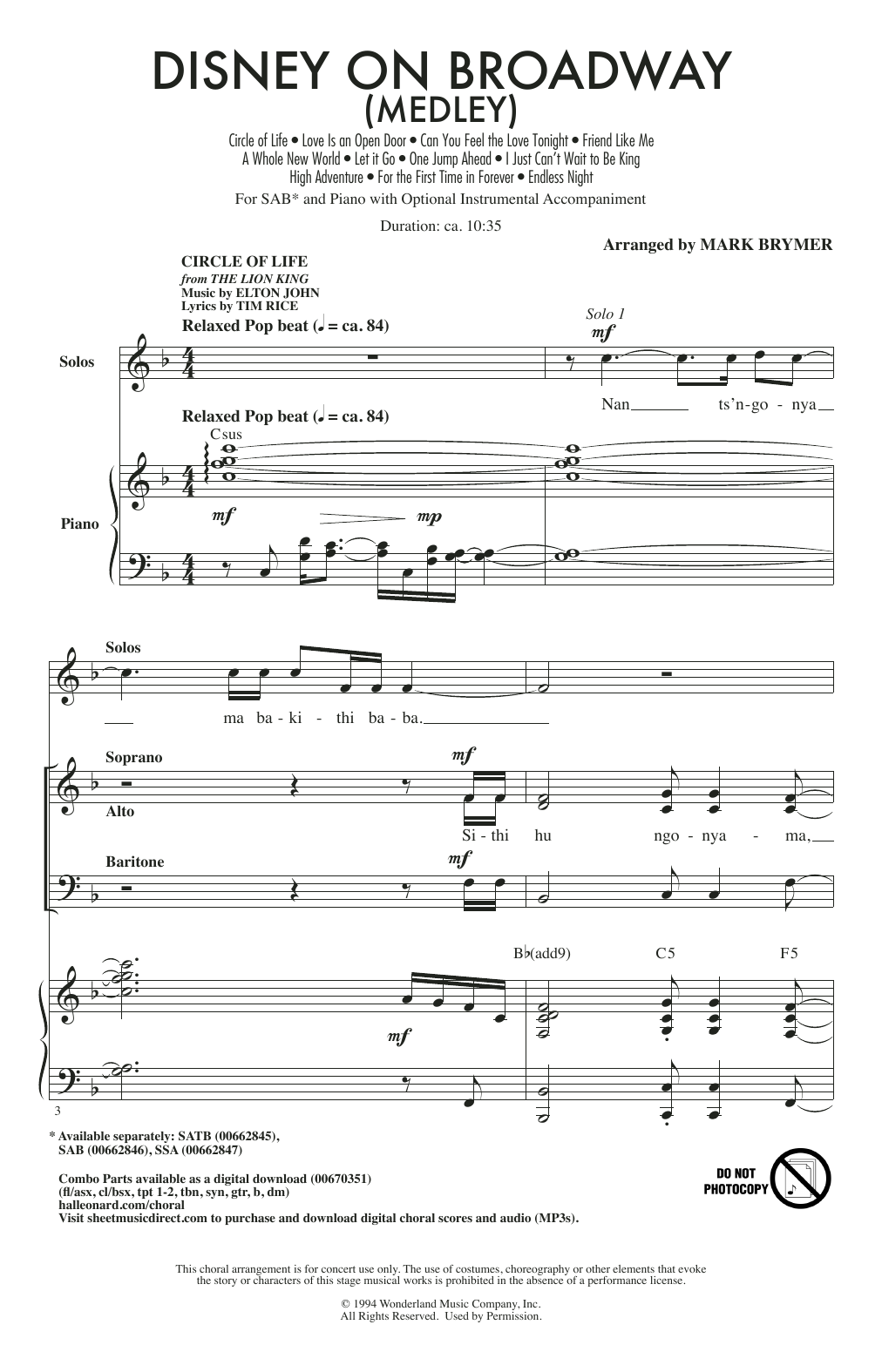 Mark Brymer Disney On Broadway (Medley) Sheet Music