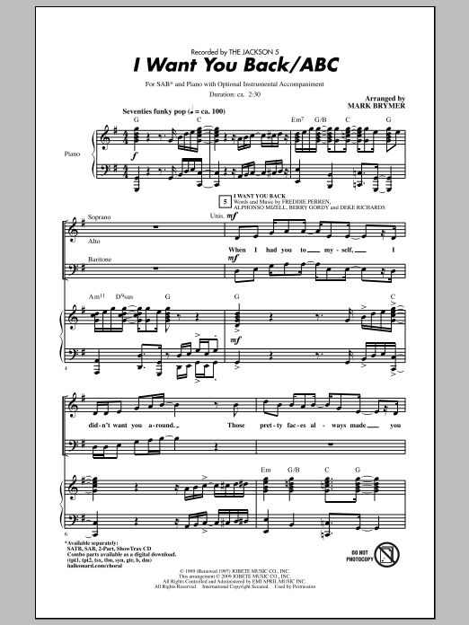 Mark Brymer I Want You Back / ABC Sheet Music