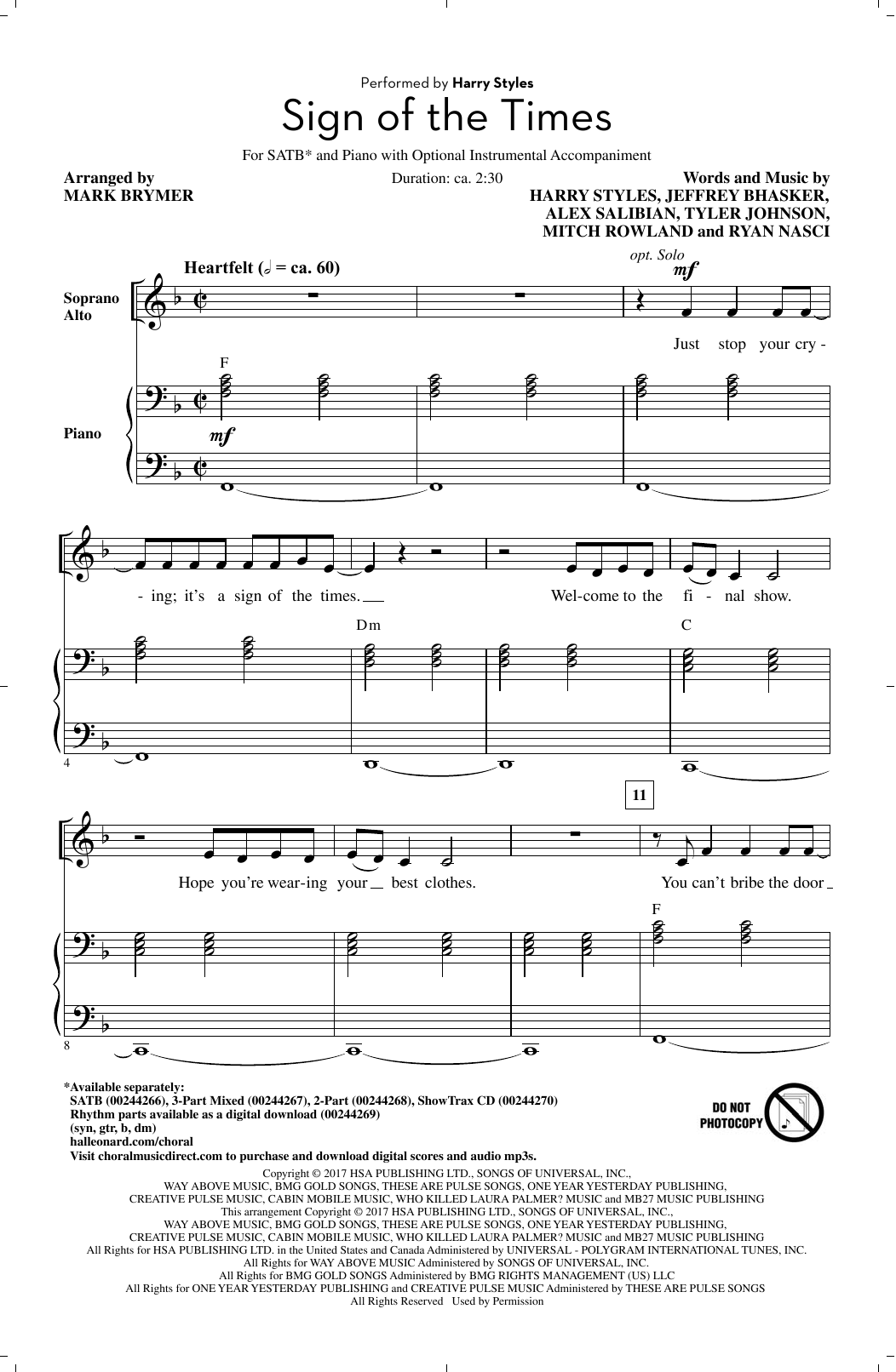 Mark Brymer Sign Of The Times Sheet Music
