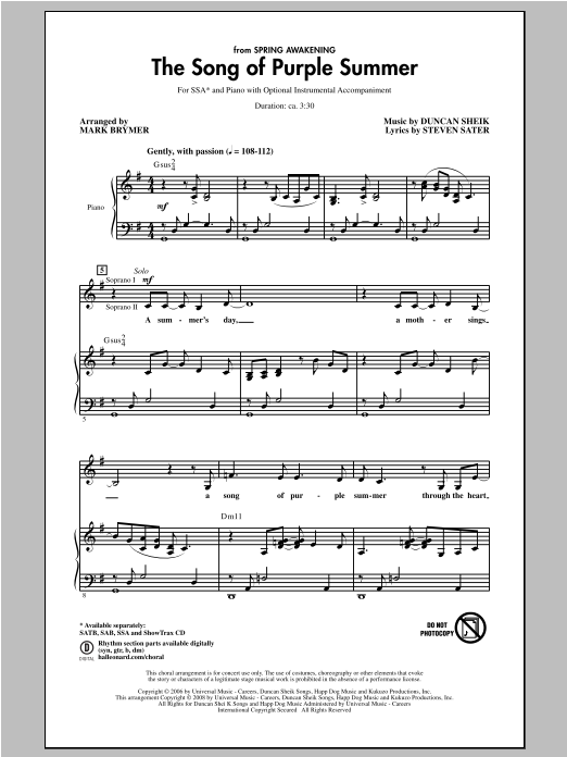 Mark Brymer The Song Of Purple Summer Sheet Music