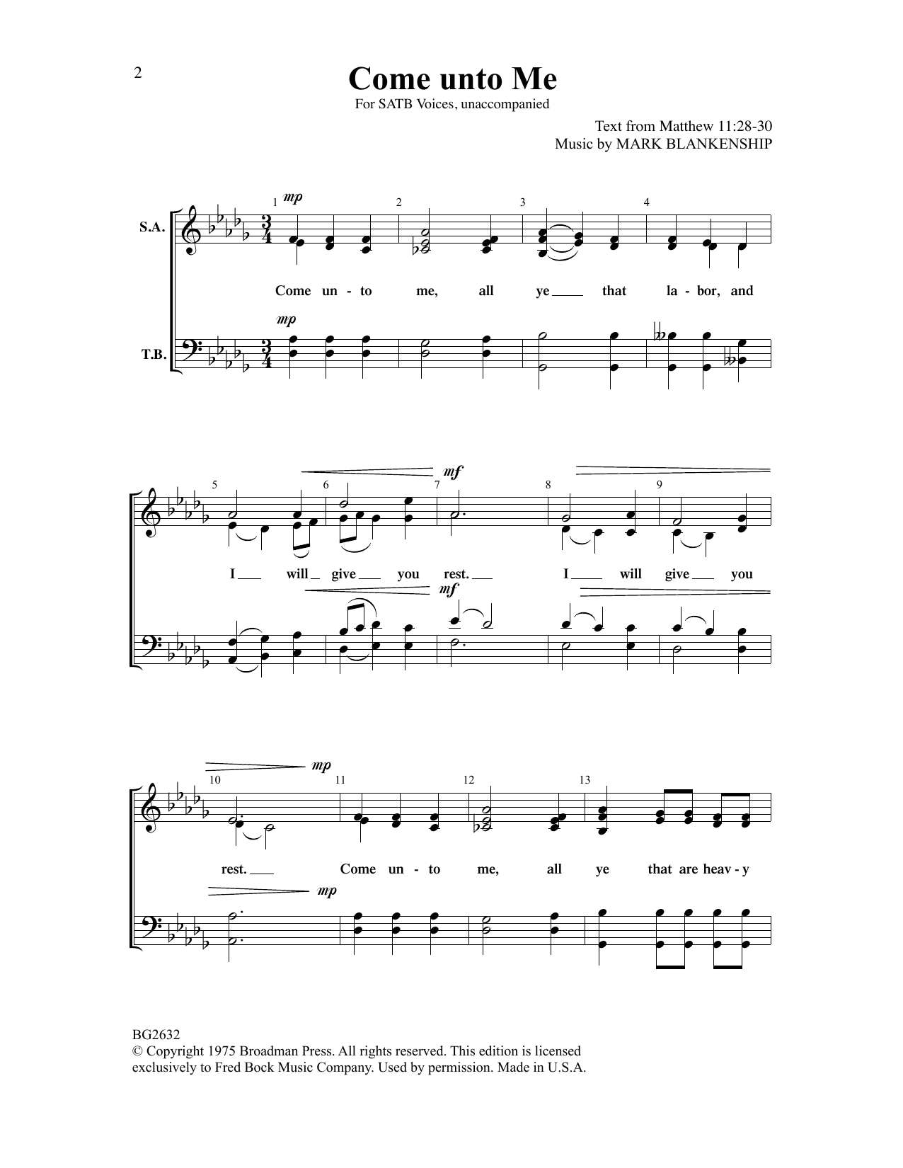Mark Blankenship Come Unto Me Sheet Music