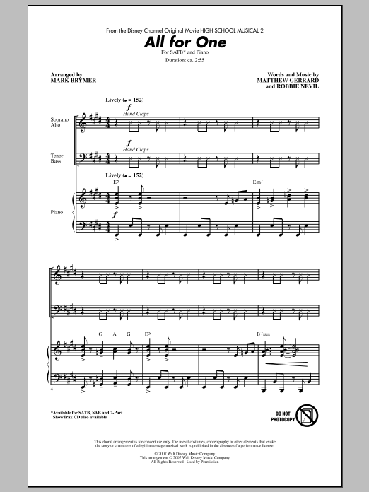 Mark Brymer All For One (from High School Musical 2) Sheet Music