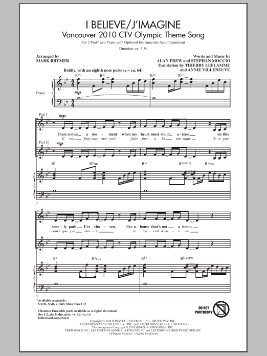 Mark Brymer I Believe / J'Imagine Sheet Music