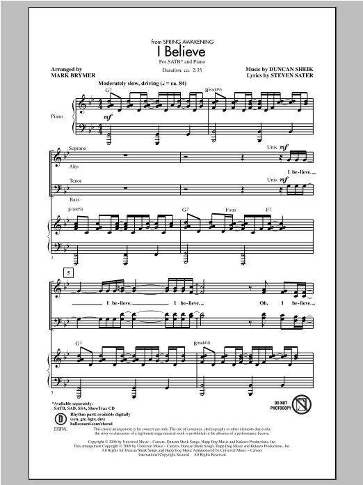 Mark Brymer I Believe (from Spring Awakening) Sheet Music