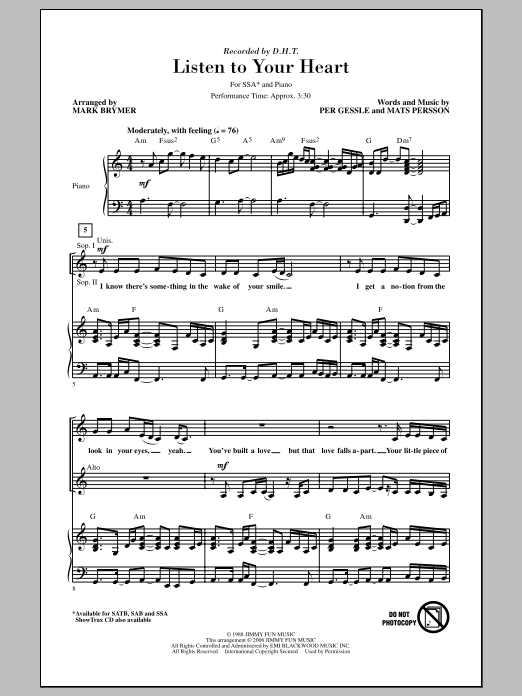 Mark Brymer Listen To Your Heart Sheet Music