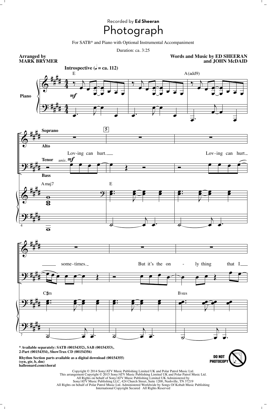 Mark Brymer Photograph Sheet Music