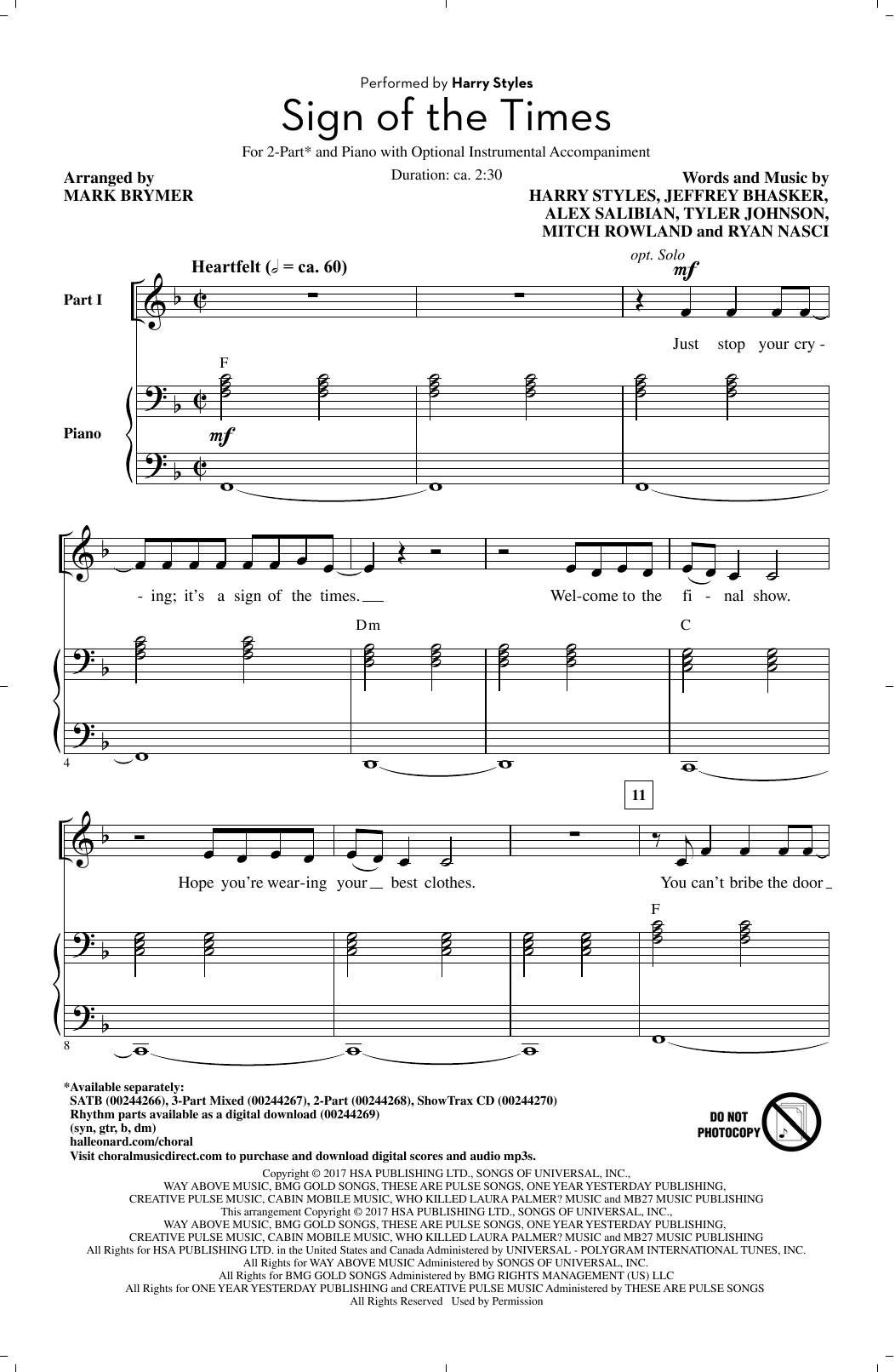Mark Brymer Sign Of The Times Sheet Music