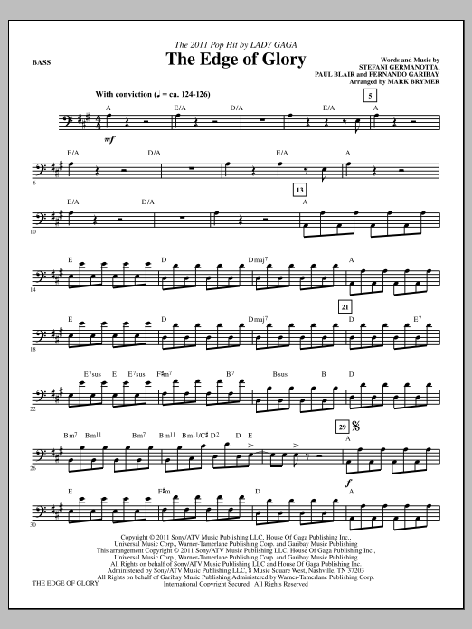 Mark Brymer The Edge Of Glory - Bass Sheet Music