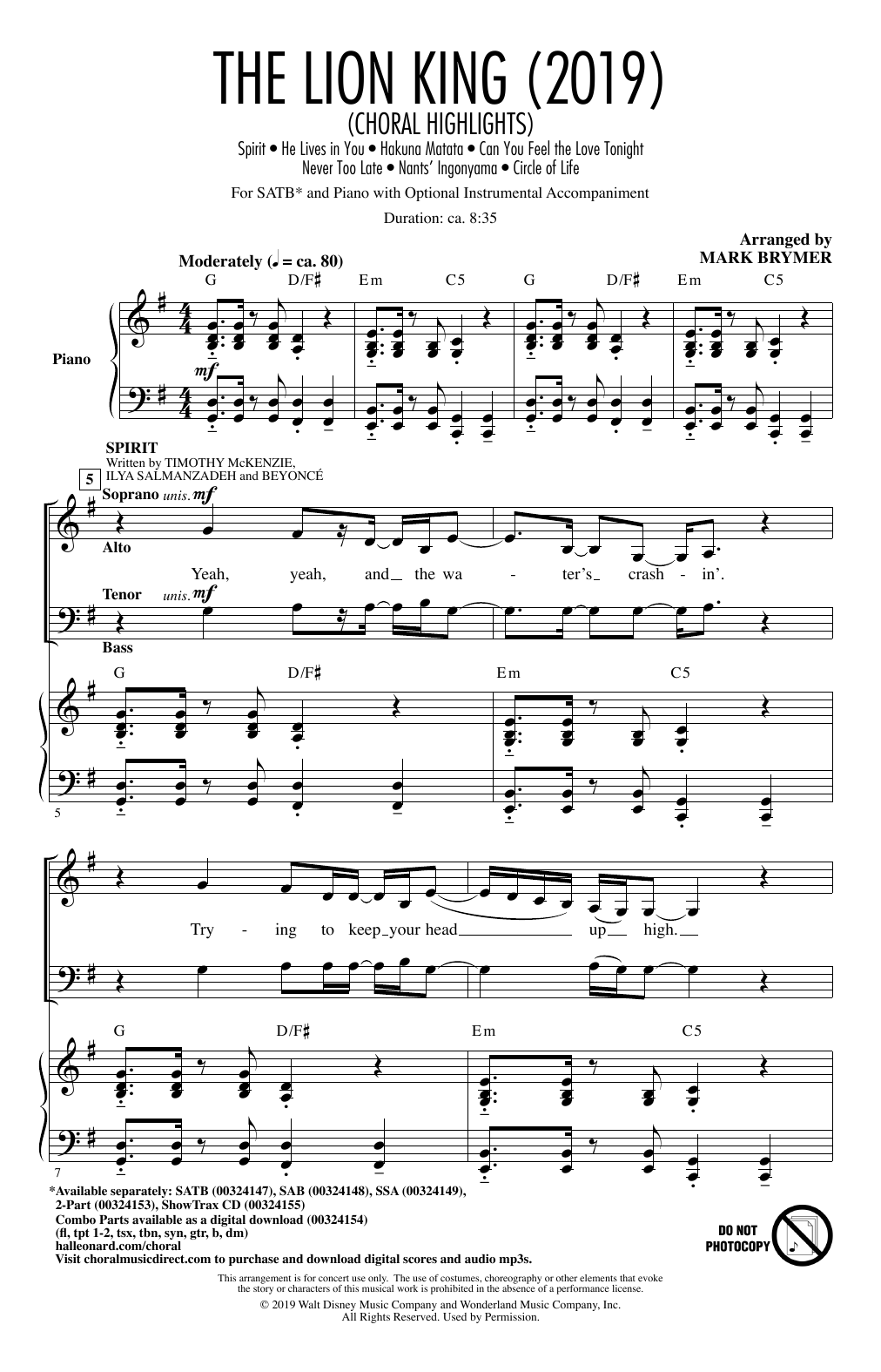 Mark Brymer The Lion King (2019) (Choral Highlights) Sheet Music