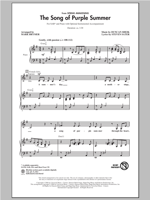 Mark Brymer The Song Of Purple Summer Sheet Music