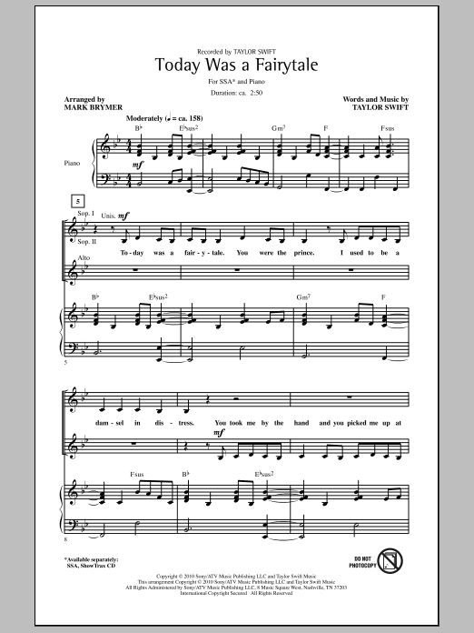 Mark Brymer Today Was A Fairytale Sheet Music