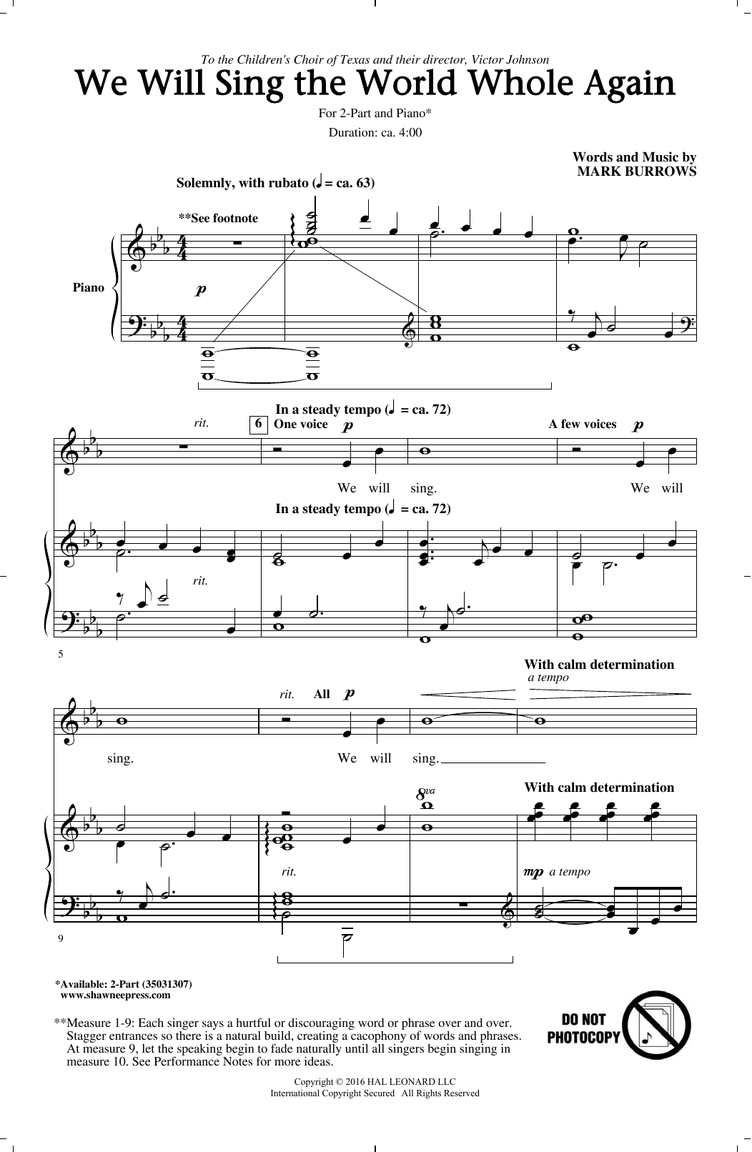 Mark Burrows We Will Sing The World Whole Again Sheet Music