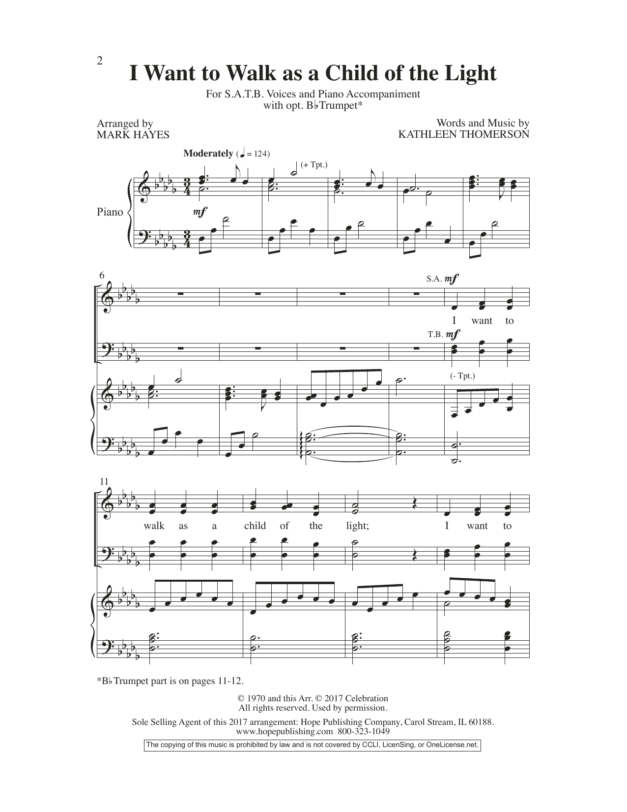 Mark Hayes I Want to Walk as a Child of the Light Sheet Music