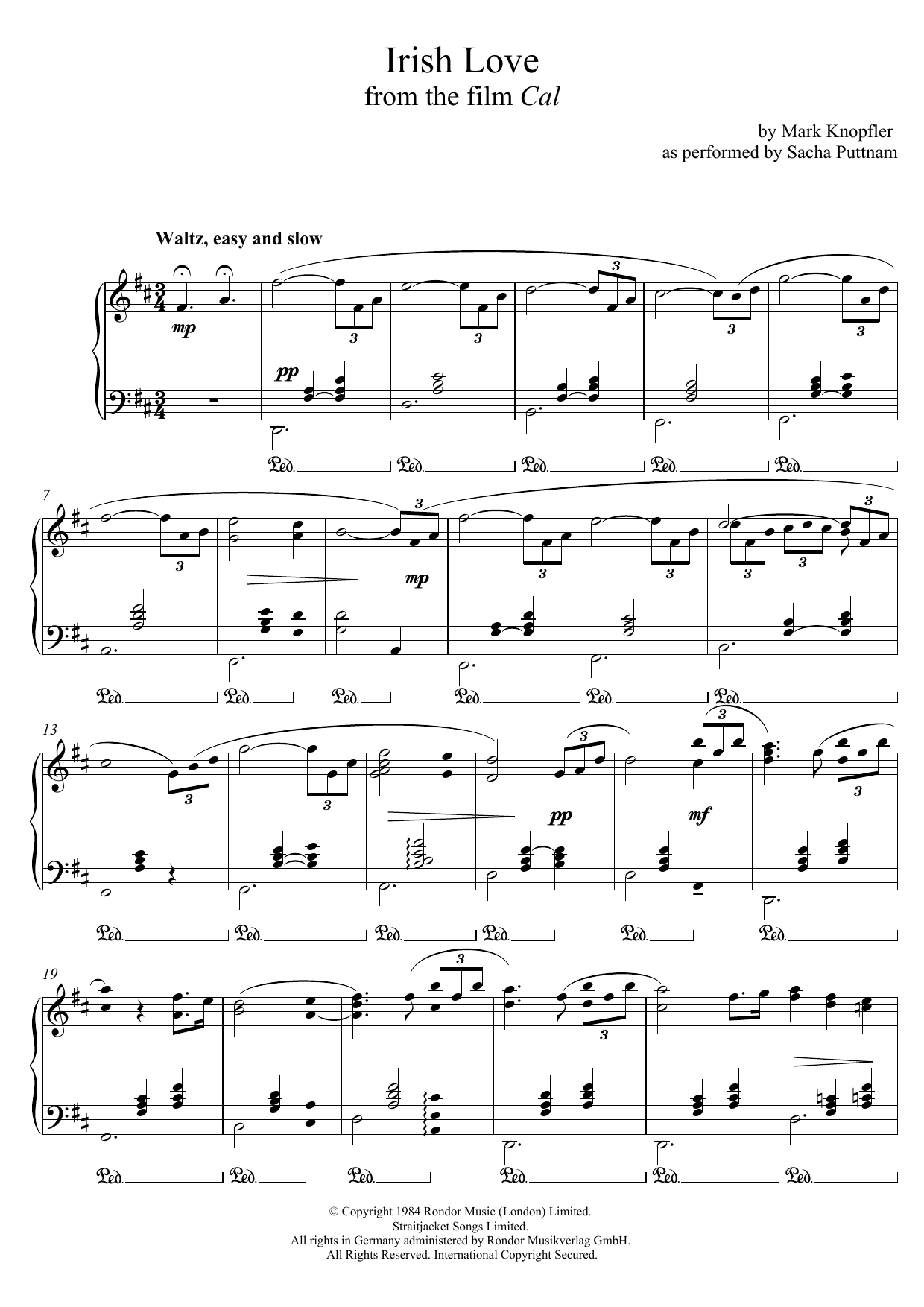 Mark Knopfler Irish Love (from Cal) (as performed by Sacha Puttnam) Sheet Music