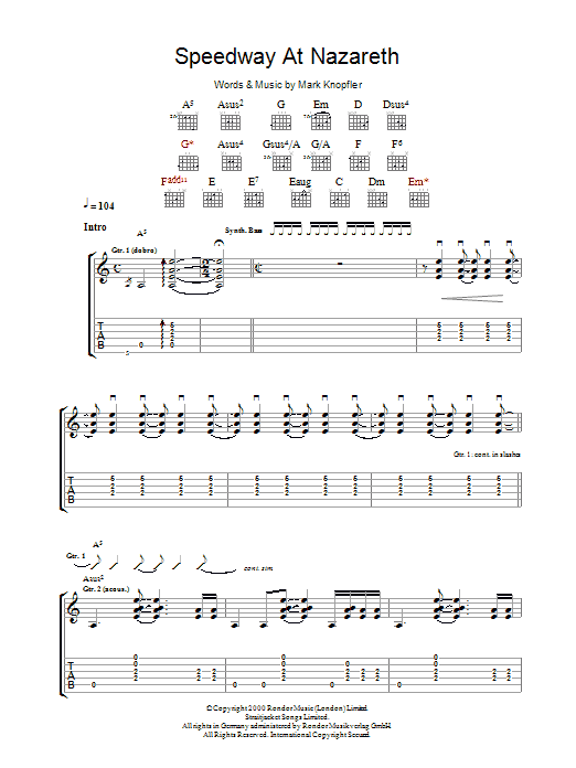 Mark Knopfler Speedway At Nazareth Sheet Music