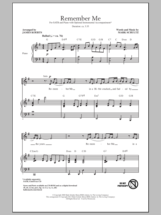 Mark Schultz Remember Me Sheet Music