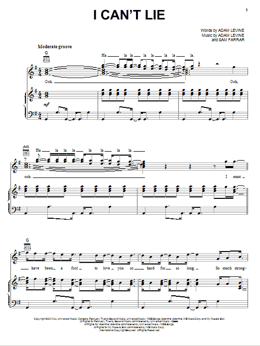 Maroon 5 I Can't Lie Sheet Music