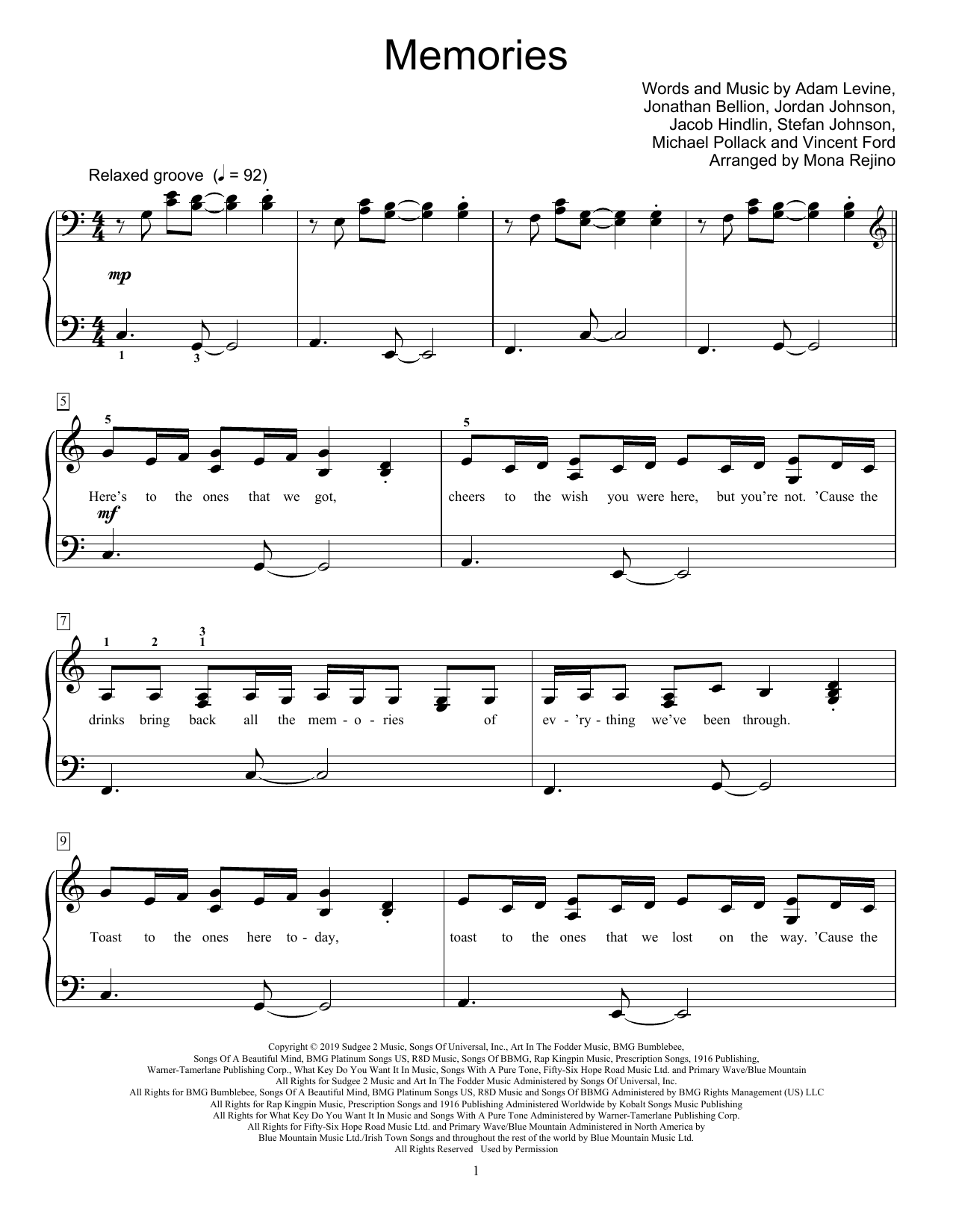 Maroon 5 Memories (arr. Mona Rejino) Sheet Music