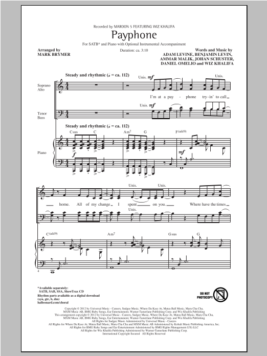 Mark Brymer Payphone Sheet Music