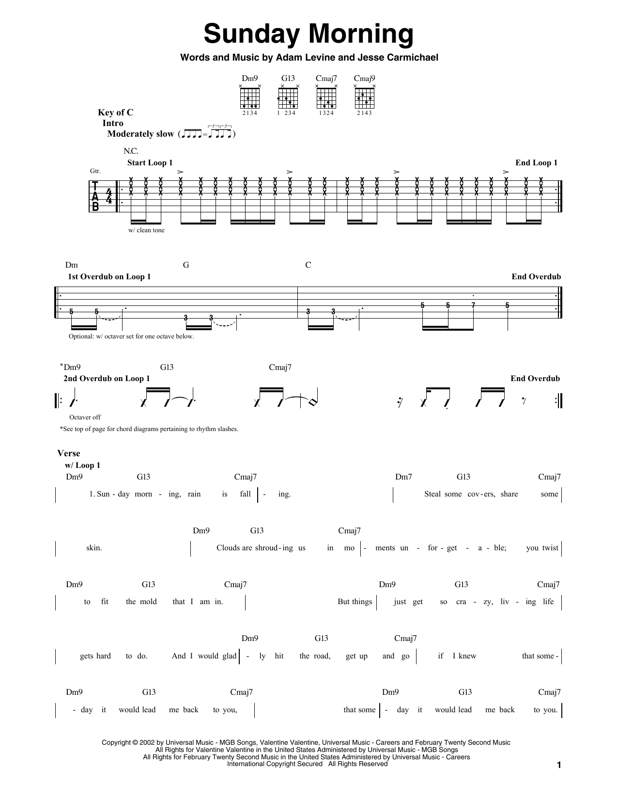 Maroon5 Sunday Morning Sheet Music