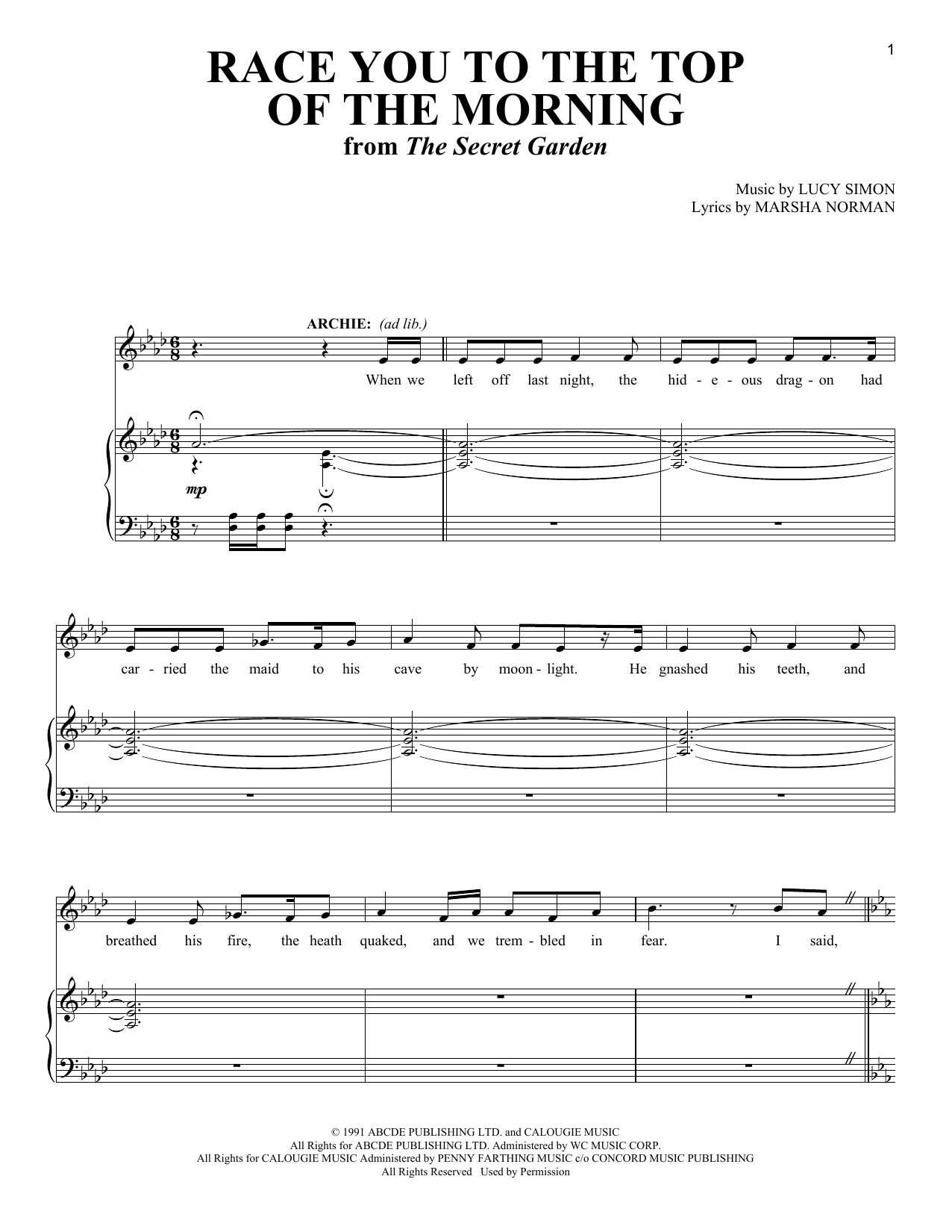 Marsha Norman & Lucy Simon Race You To The Top Of The Morning Sheet Music