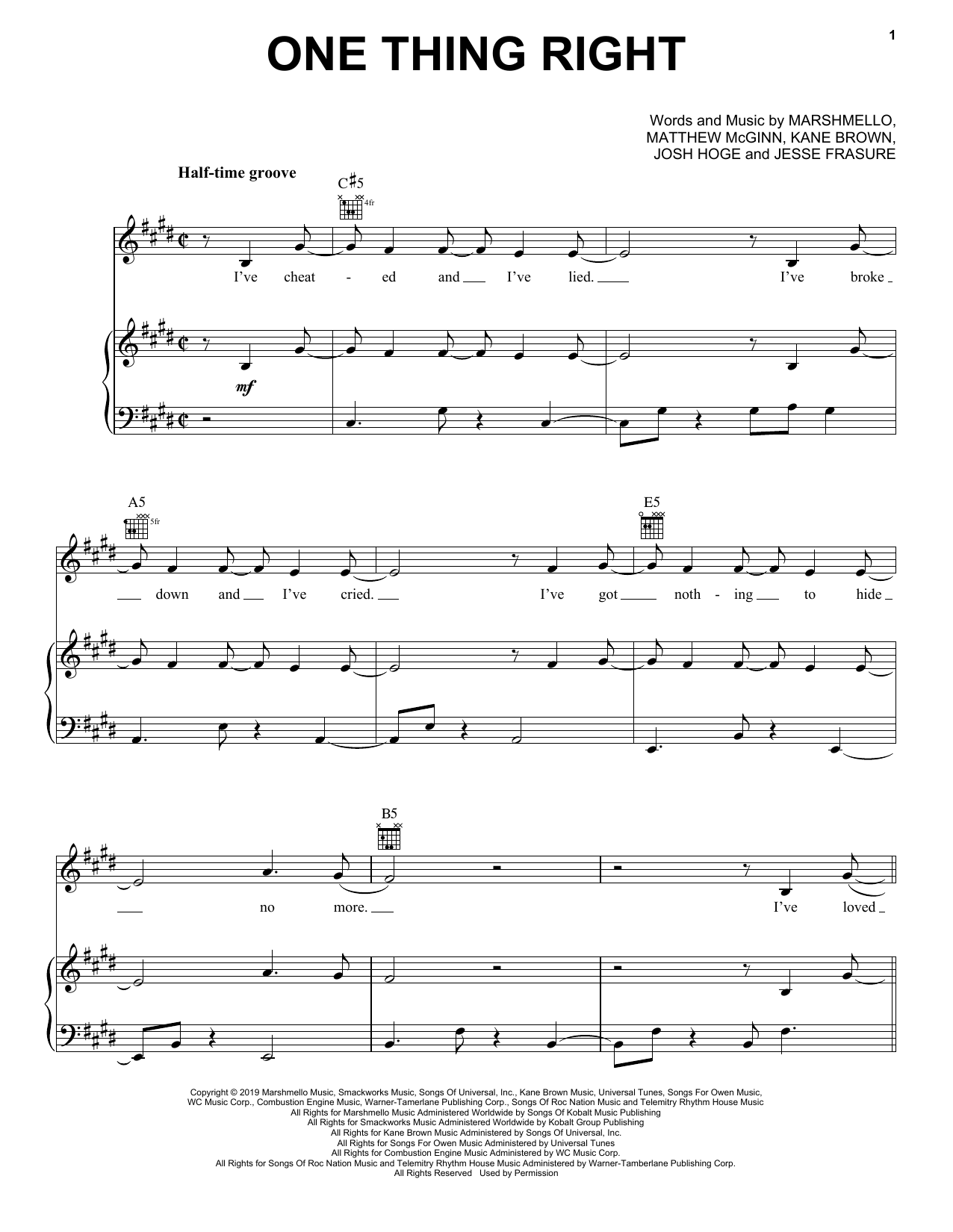 Marshmello & Kane Brown One Thing Right Sheet Music