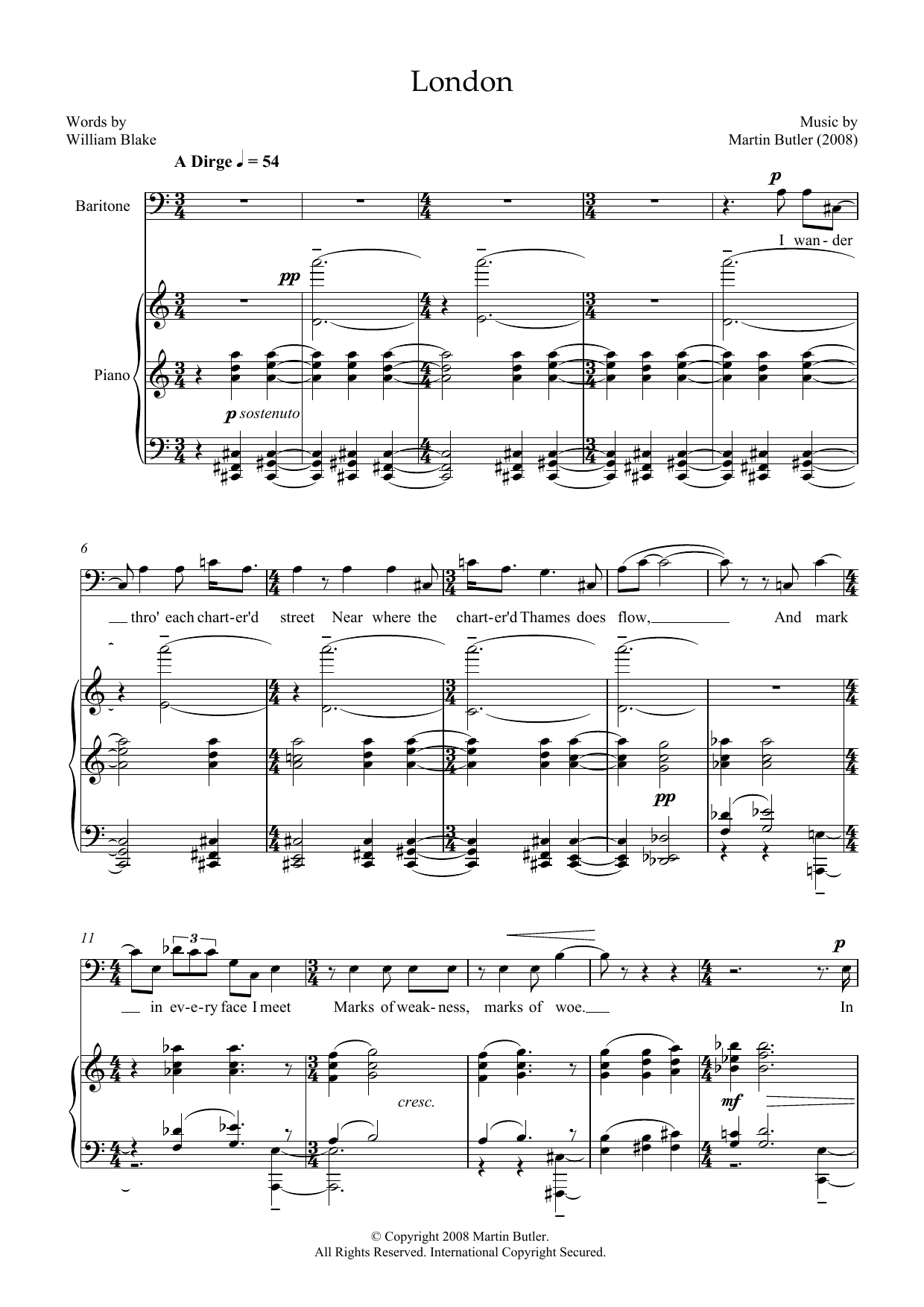 Martin Butler London (for baritone and piano) Sheet Music