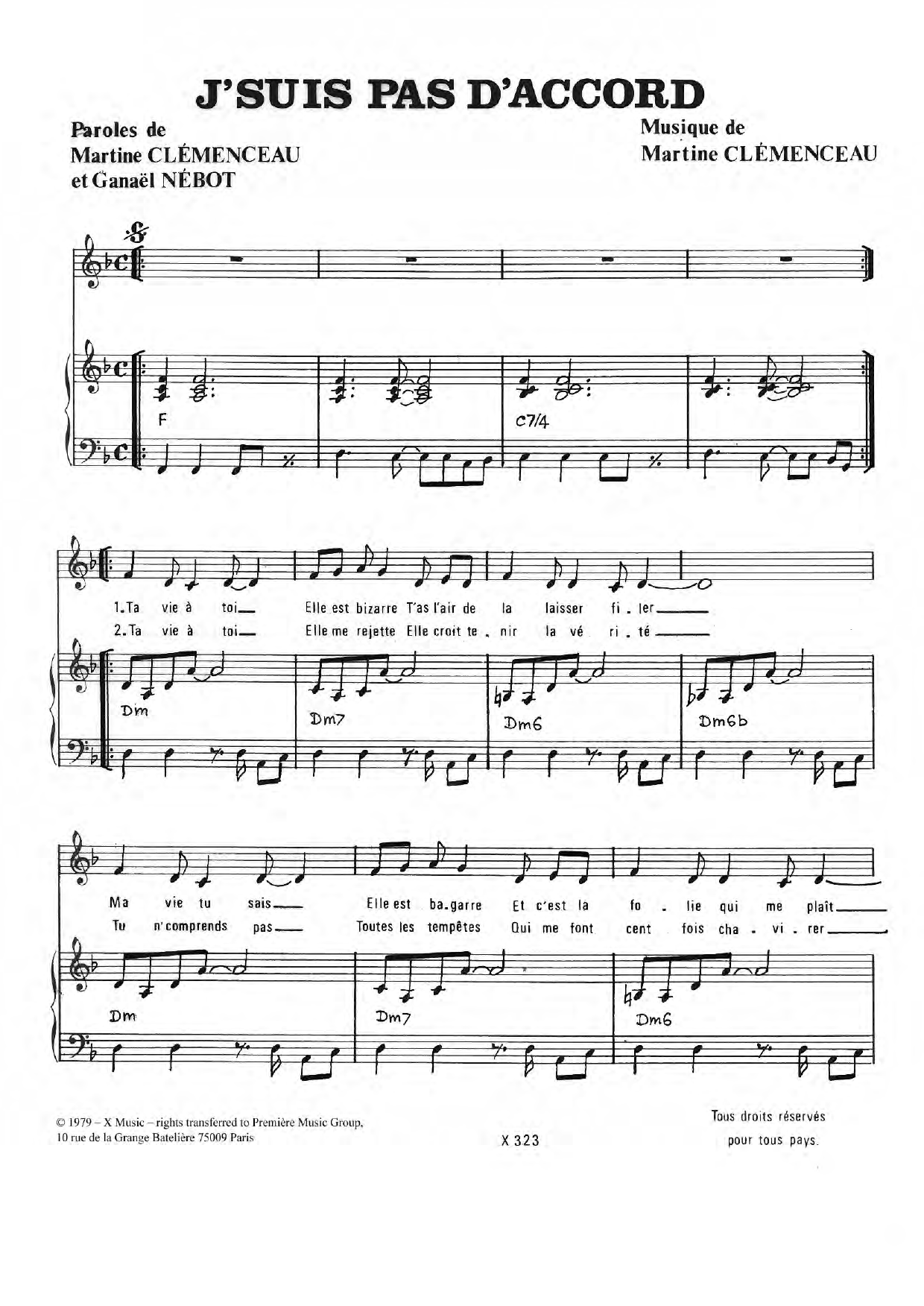Martine Clemenceau J'suis Pas D'accord Sheet Music
