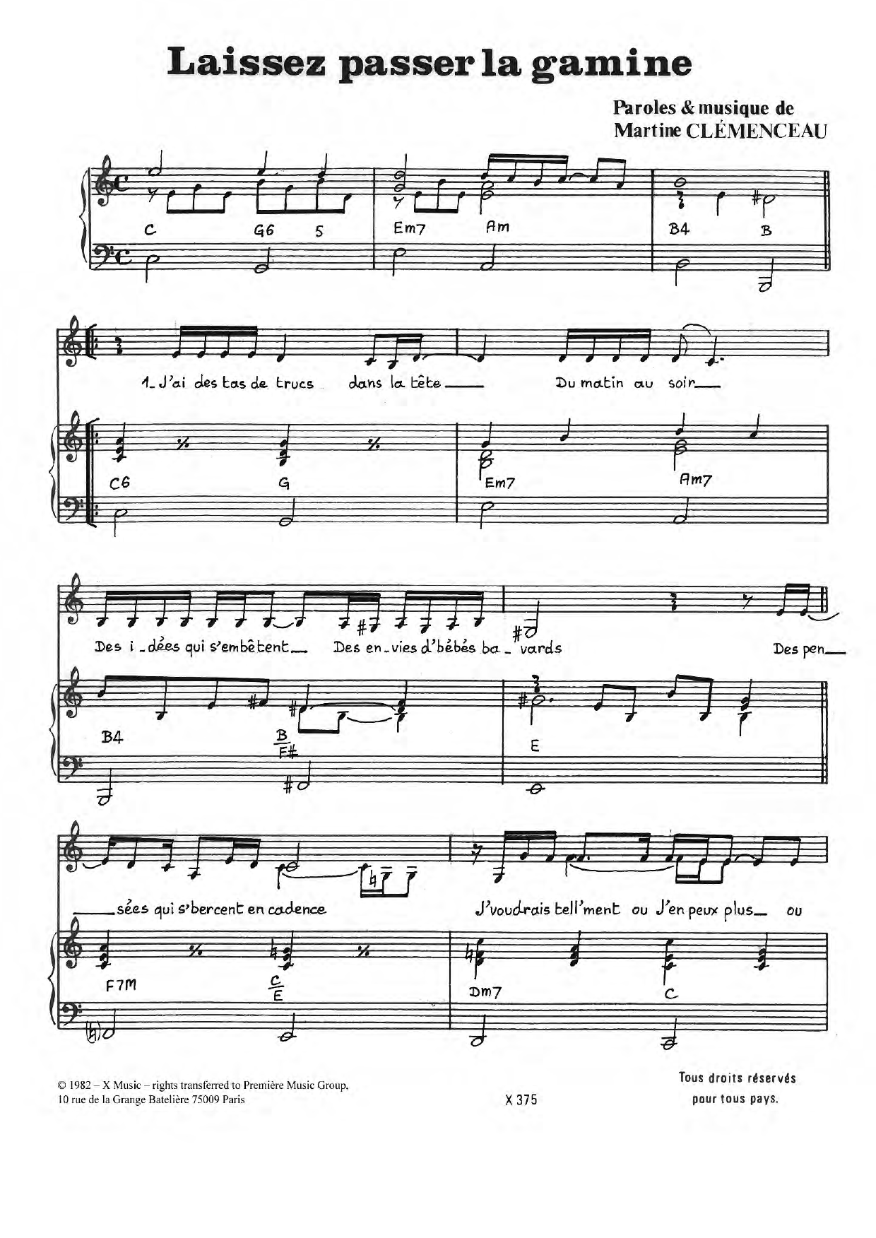 Martine Clemenceau Laissez Passer La Gamine Sheet Music