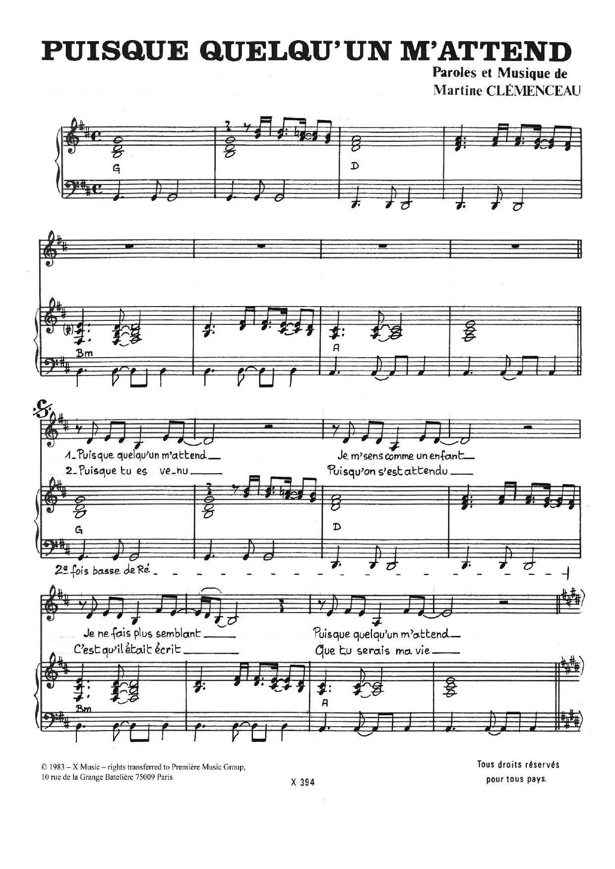 Martine Clemenceau Puisque Quelqu'un M'attend Sheet Music