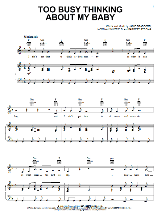 Marvin Gaye Too Busy Thinking About My Baby Sheet Music