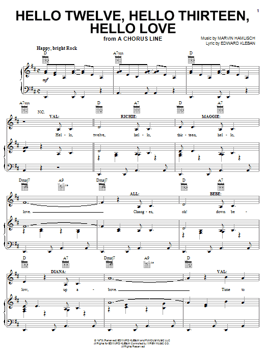 Marvin Hamlisch Hello Twelve, Hello Thirteen, Hello Love Sheet Music