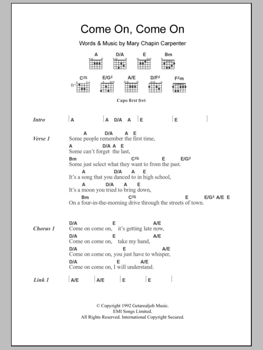 Mary Chapin Carpenter Come On Come On Sheet Music