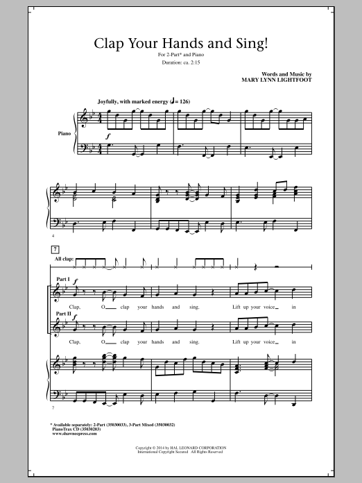 Mary Lynn Lightfoot Clap Your Hands And Sing! Sheet Music