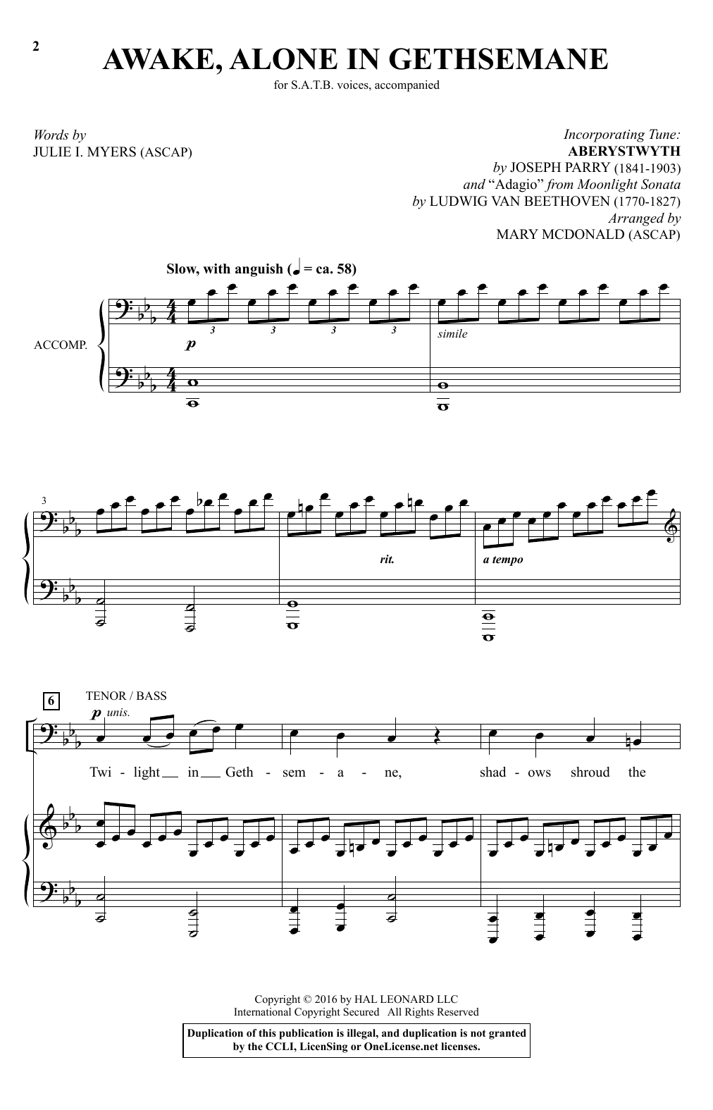Mary McDonald Awake, Alone In Gethsemane Sheet Music