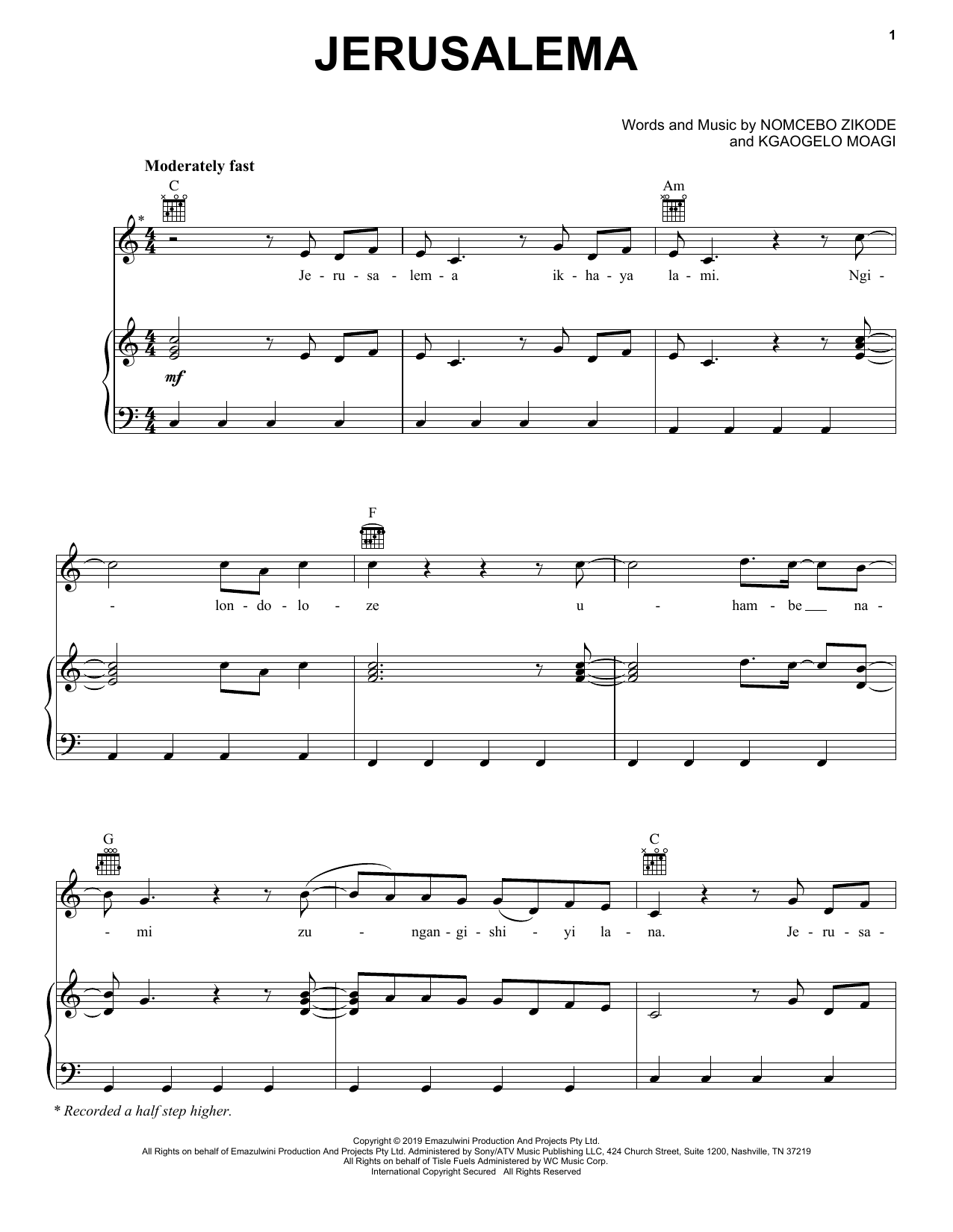 Master KG Jerusalema (feat. Nomcebo Zikode) Sheet Music