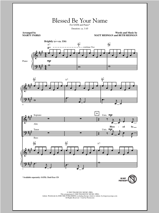 Matt Redman Blessed Be Your Name (arr. Marty Parks) Sheet Music