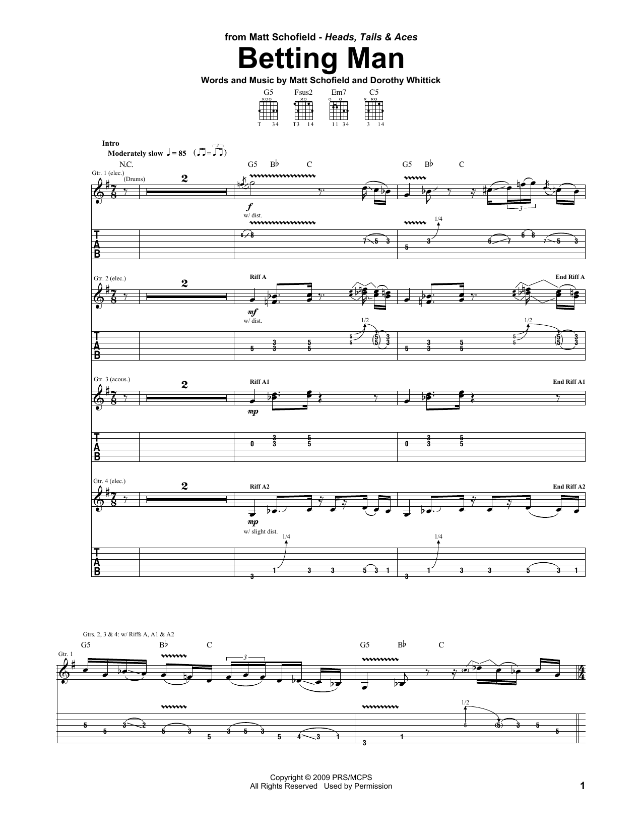 Matt Schofield Betting Man Sheet Music
