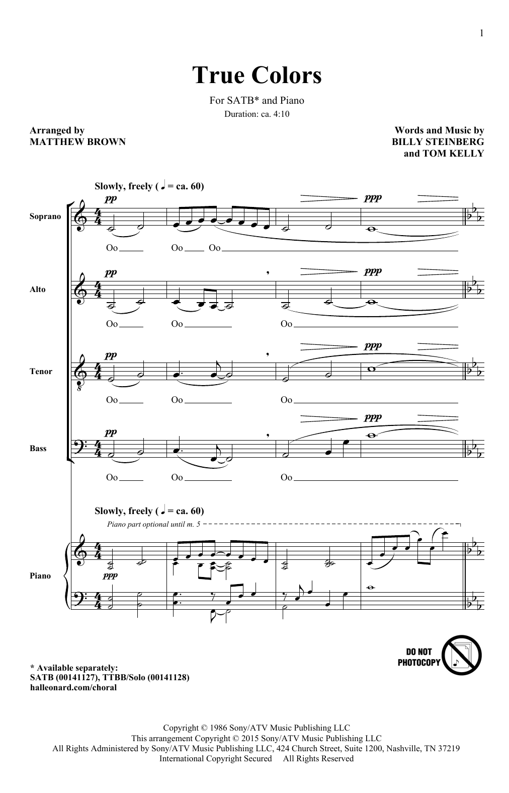 Matthew Brown True Colors Sheet Music