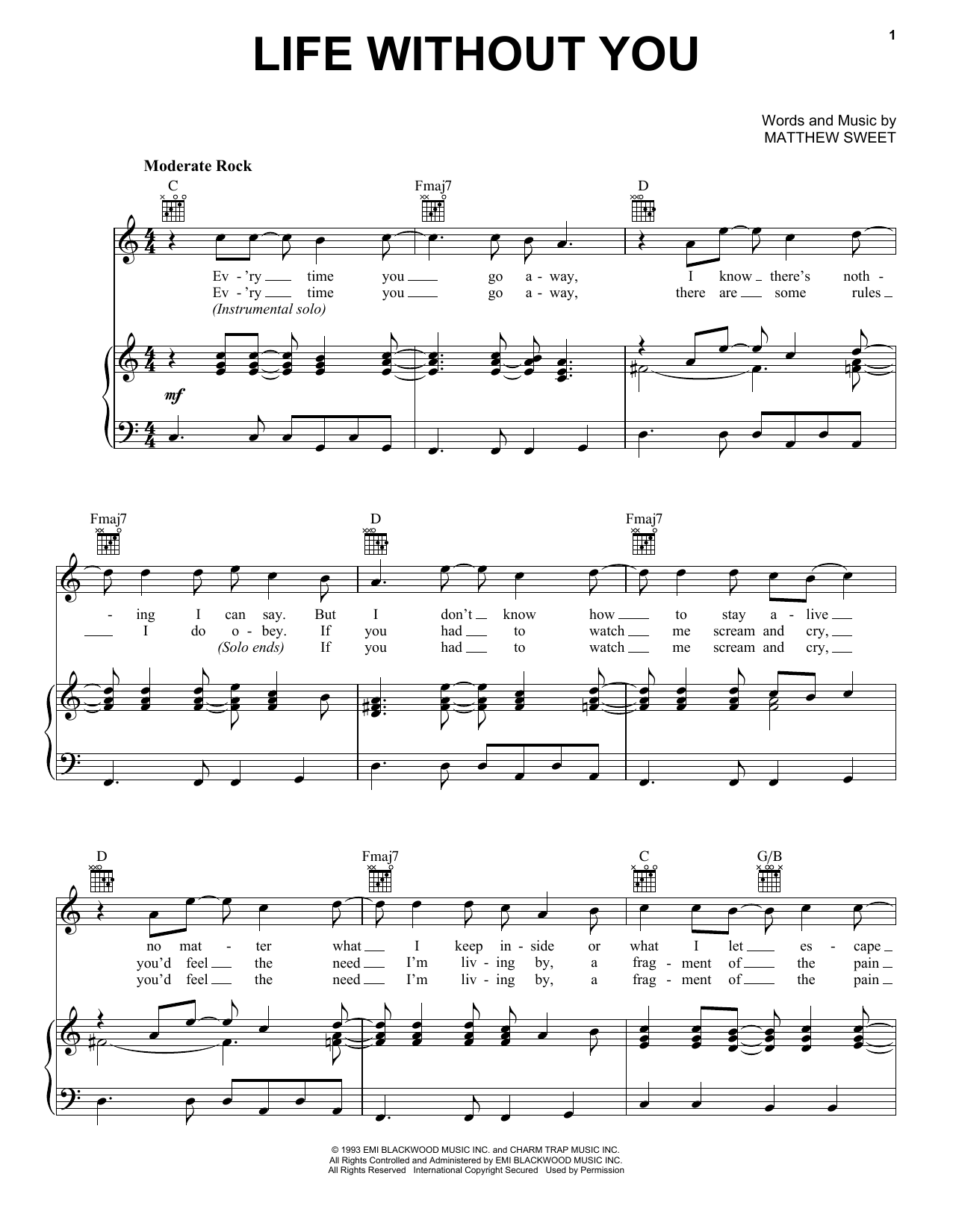 Matthew Sweet Life Without You Sheet Music