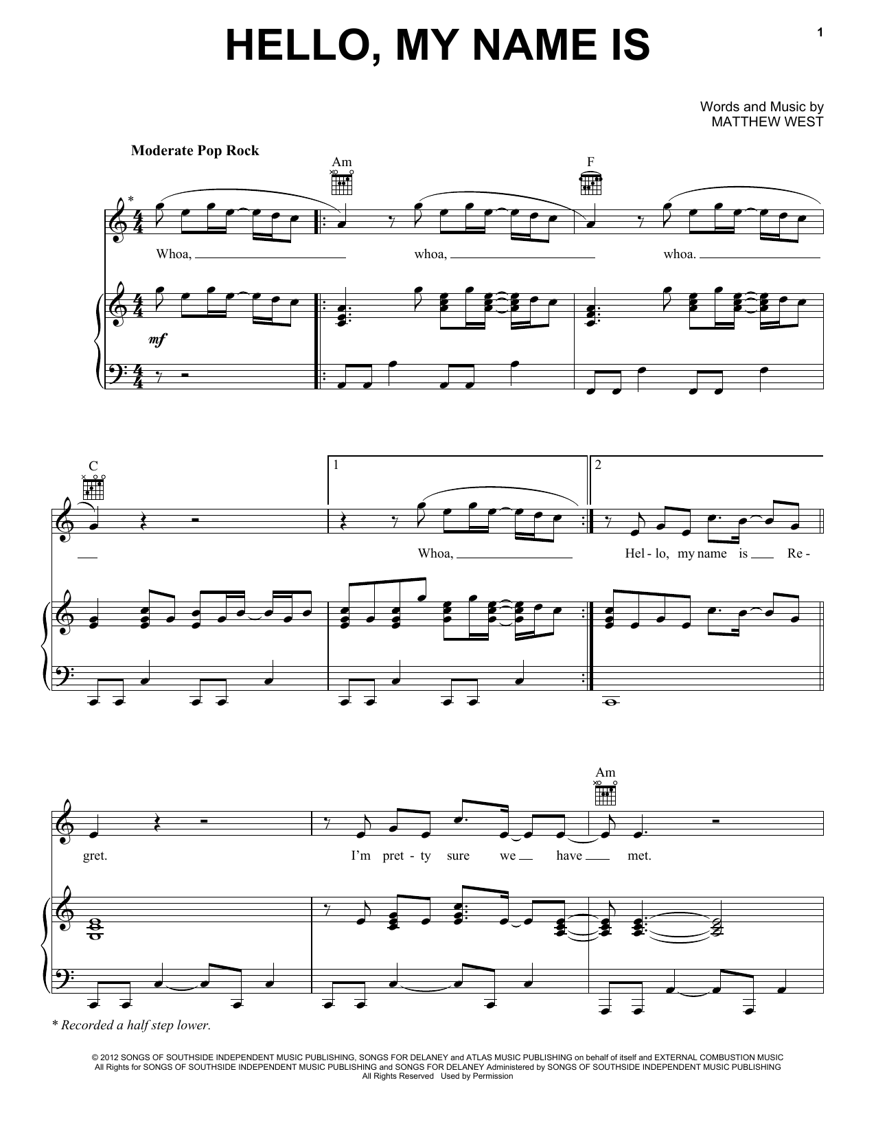 Matthew West Hello, My Name Is Sheet Music