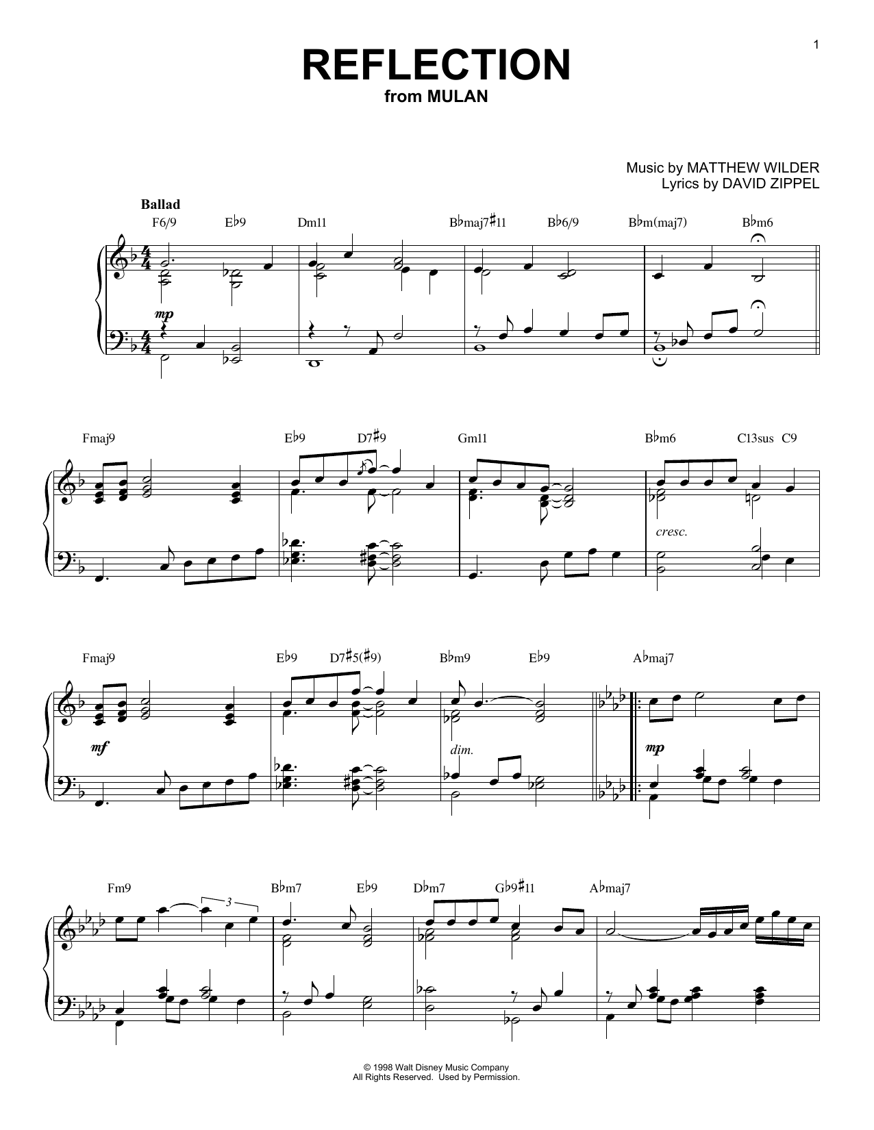 Matthew Wilder & David Zippel Reflection [Jazz version] (from Mulan) Sheet Music