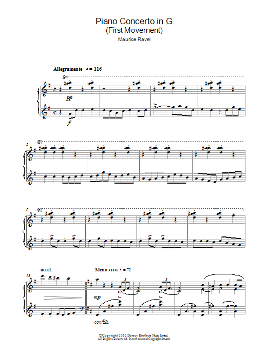 Maurice Ravel Piano Concerto In G, 1st Movement 'Allegramente' Sheet Music
