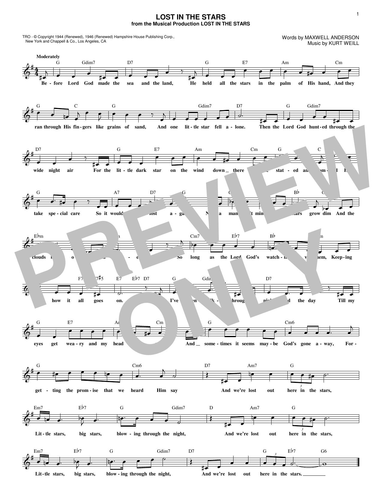 Maxwell Anderson Lost In The Stars Sheet Music