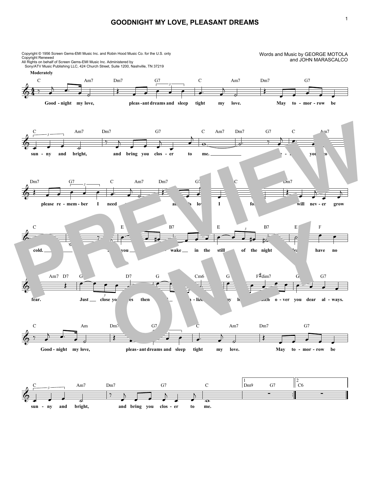 McGuire Sisters Goodnight My Love, Pleasant Dreams Sheet Music