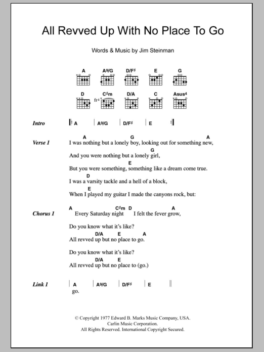 Meat Loaf All Revved Up With No Place To Go Sheet Music